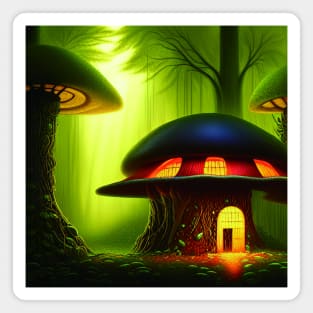 Magical Big Cottage Mushroom House with Lights in Forest with High Trees, Mushroom Aesthetic Magnet